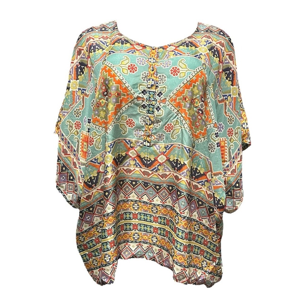 Johnny Was Womens Silk Multicolor Bohemian Print Tunic Blouse Size L
